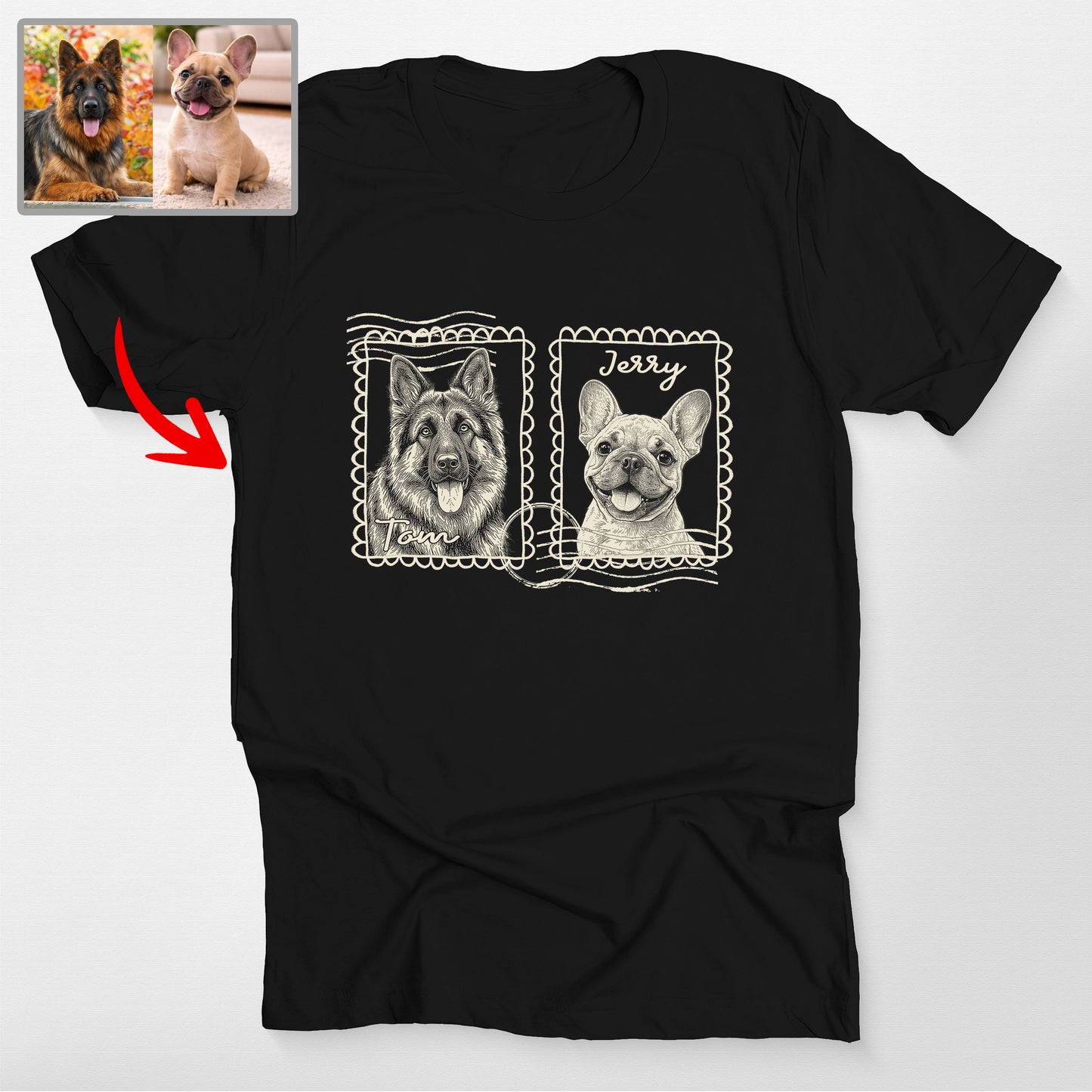 Personalized Dog Face on Stamp T-Shirt, custom pet portrait gift for pet lovers (view 2)