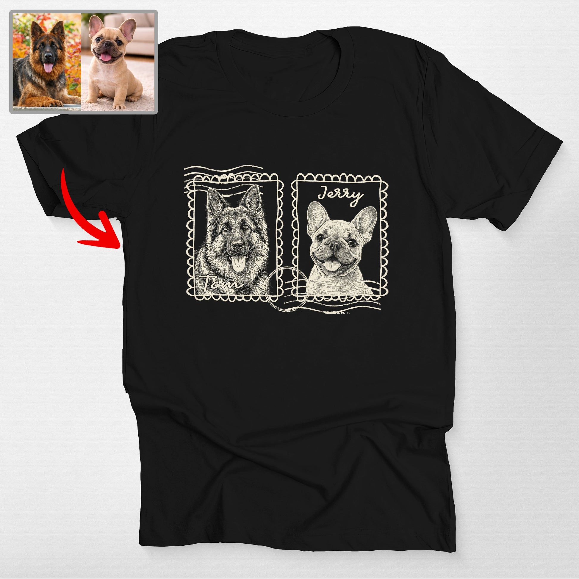Personalized Dog Face on Stamp T-Shirt, custom pet portrait gift for pet lovers (view 2)