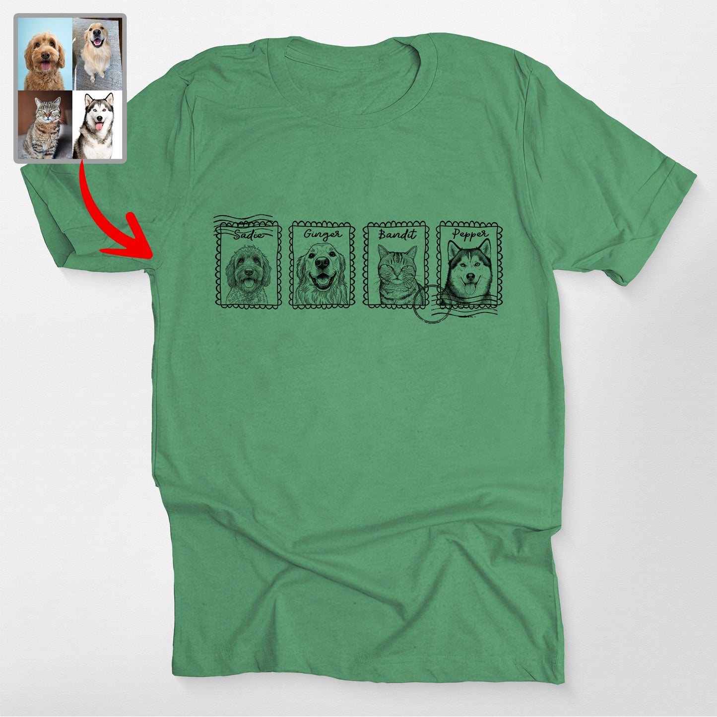 Personalized Dog Face on Stamp T-Shirt, custom pet portrait gift for pet lovers (view 12)