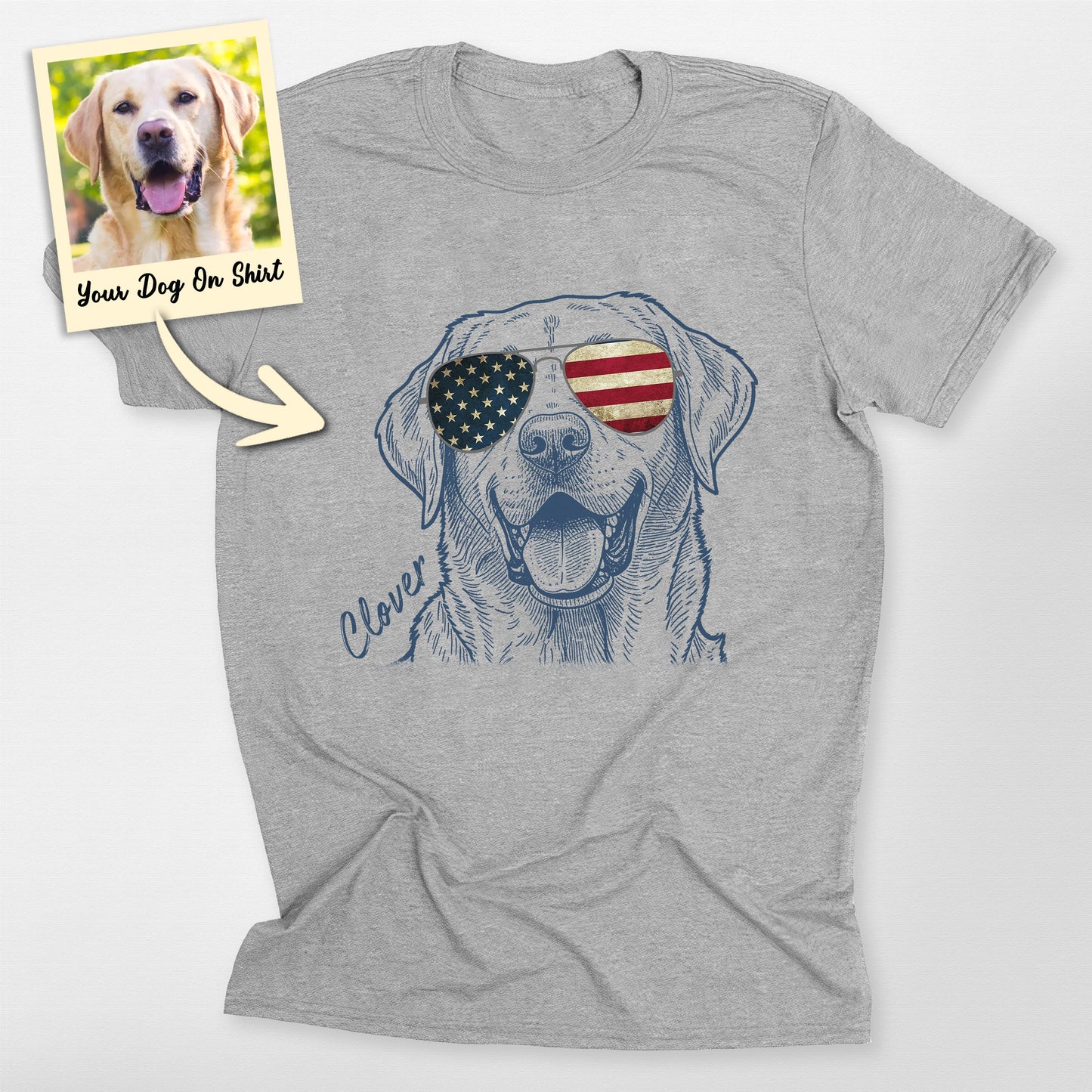 Personalized Dogface American Flag Glasses T-Shirt, custom pet portrait gift for pet lovers