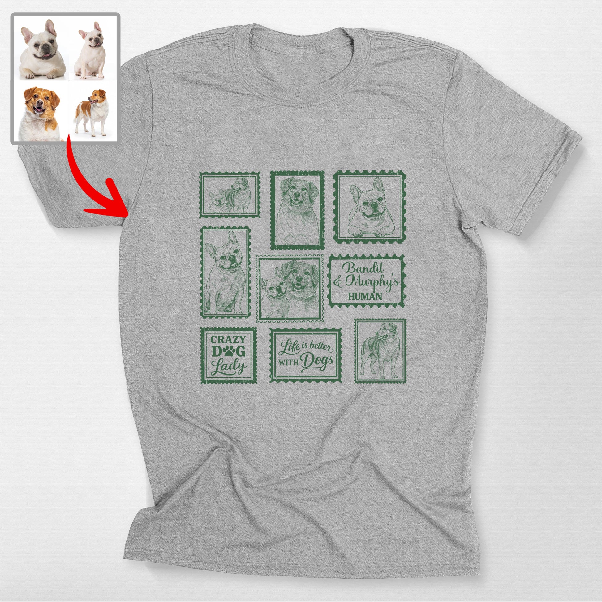 Personalized Dogface Stamps T-Shirt, custom pet portrait gift for pet lovers
