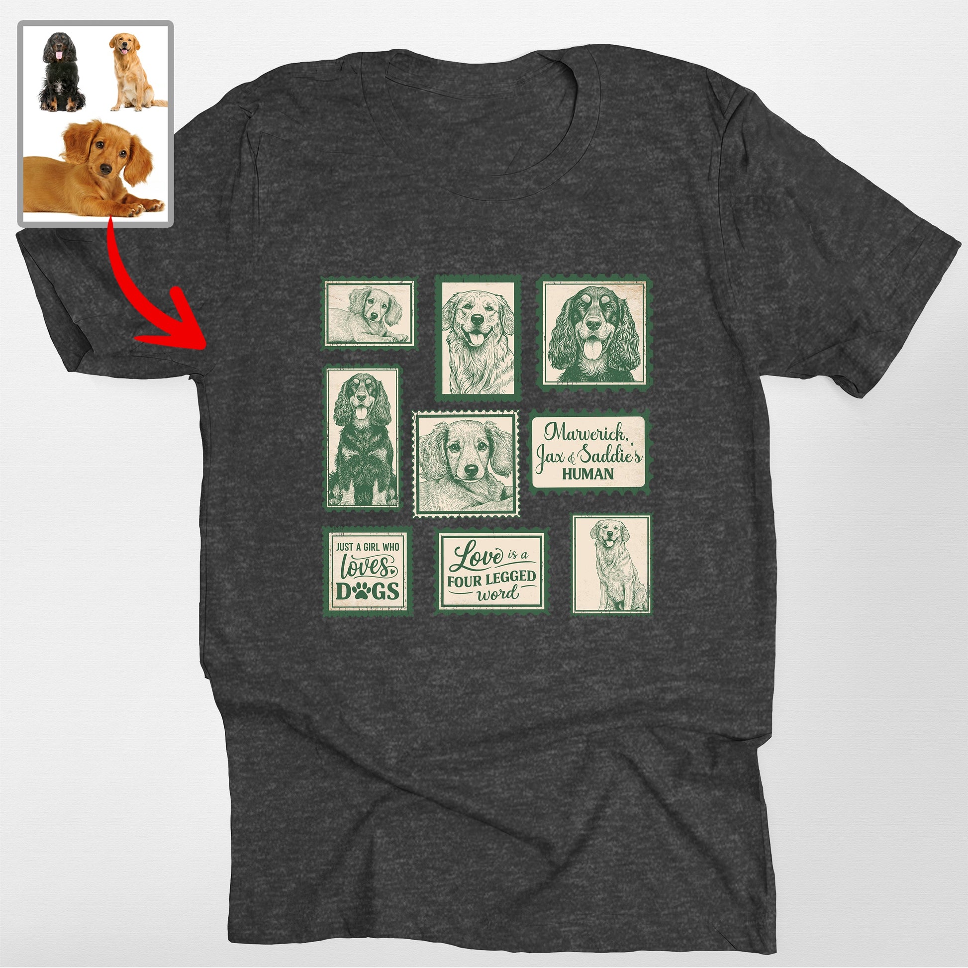 Personalized Dogface Stamps T-Shirt, custom pet portrait gift for pet lovers (view 6)