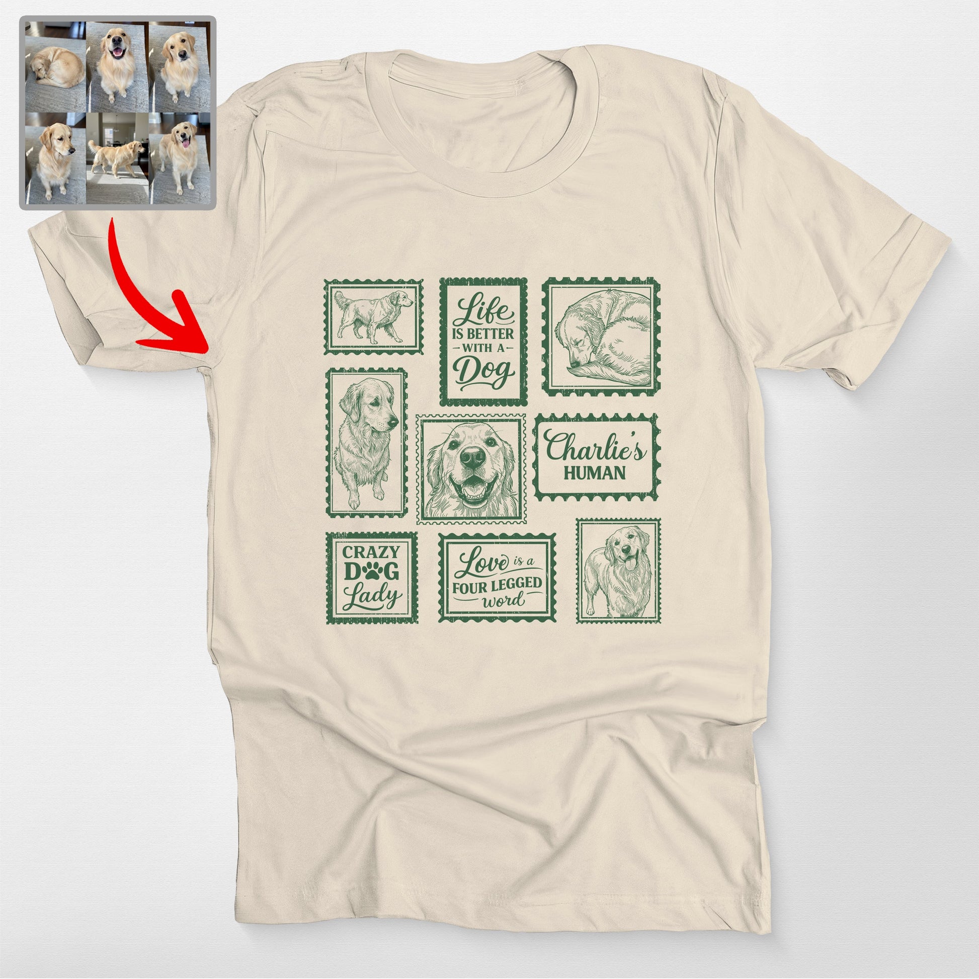 Personalized Dogface Stamps T-Shirt, custom pet portrait gift for pet lovers (view 8)