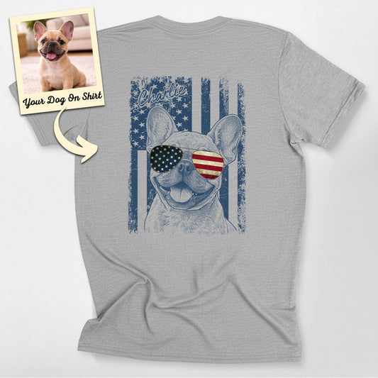 Personalized French Bulldog Shirt Patriotic Bella, custom pet portrait gift for pet lovers