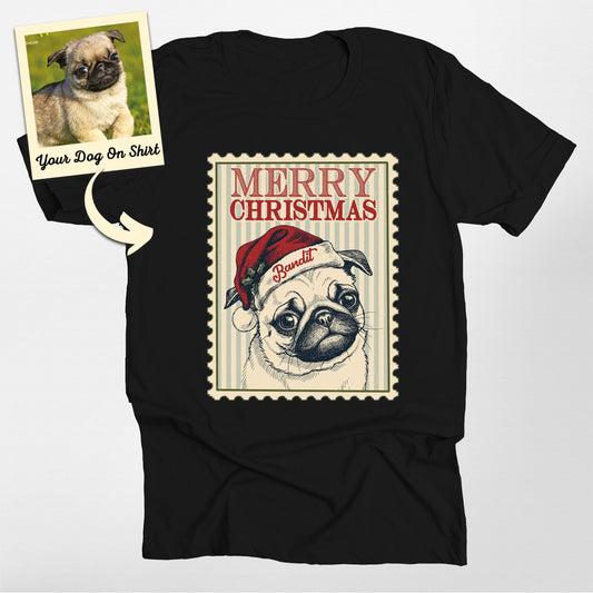 Personalized Merry Christmas Pug Dog Unisex T-Shirt, custom pet portrait gift for pet lovers