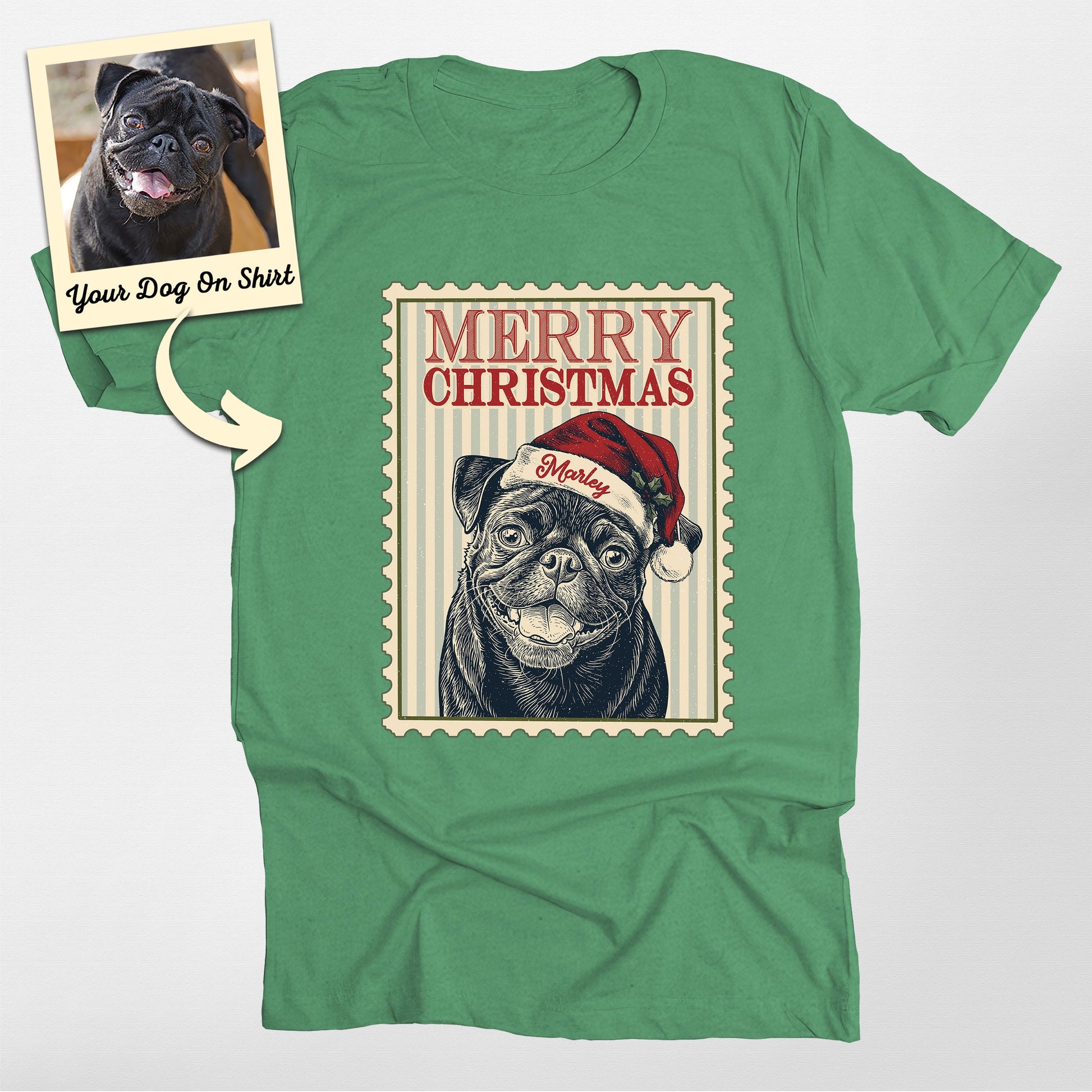 Personalized Merry Christmas Pug Dog Unisex T-Shirt, custom pet portrait gift for pet lovers (view 2)