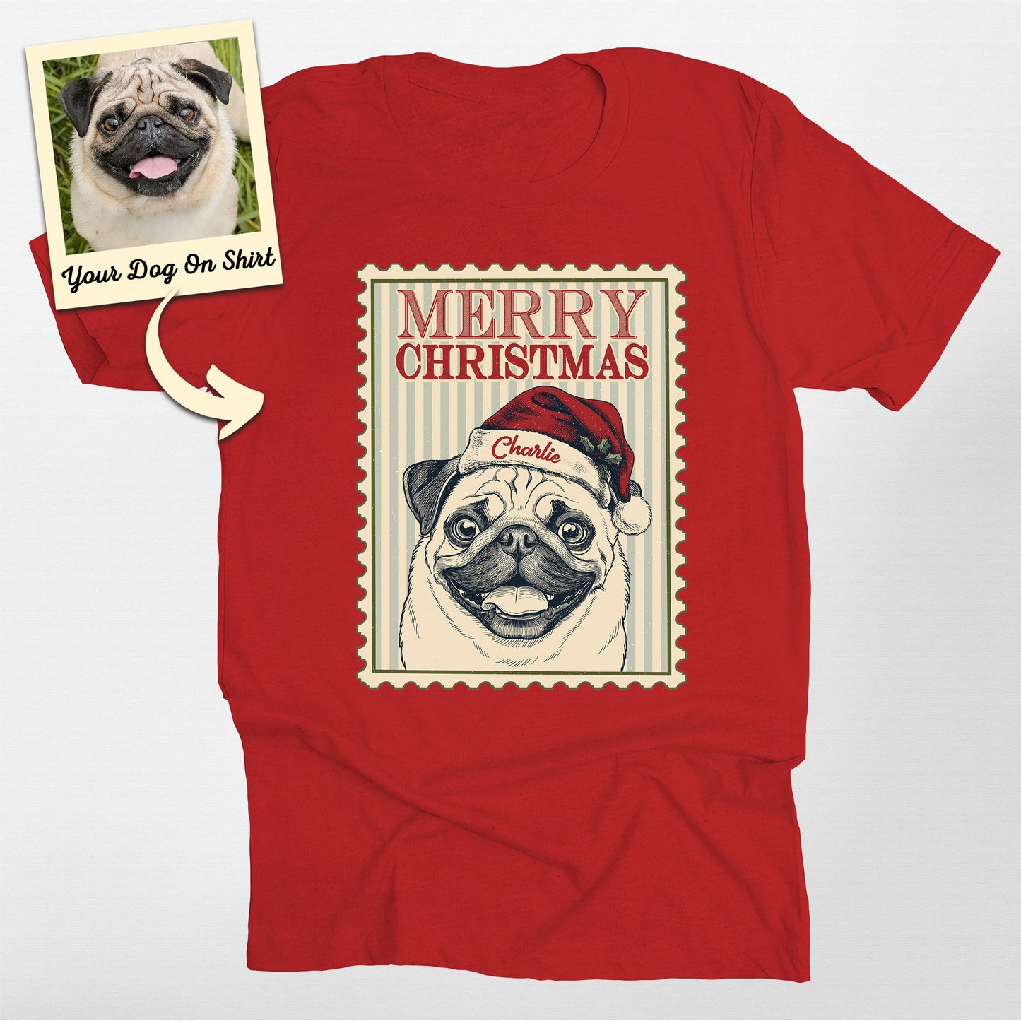 Personalized Merry Christmas Pug Dog Unisex T-Shirt, custom pet portrait gift for pet lovers (view 4)