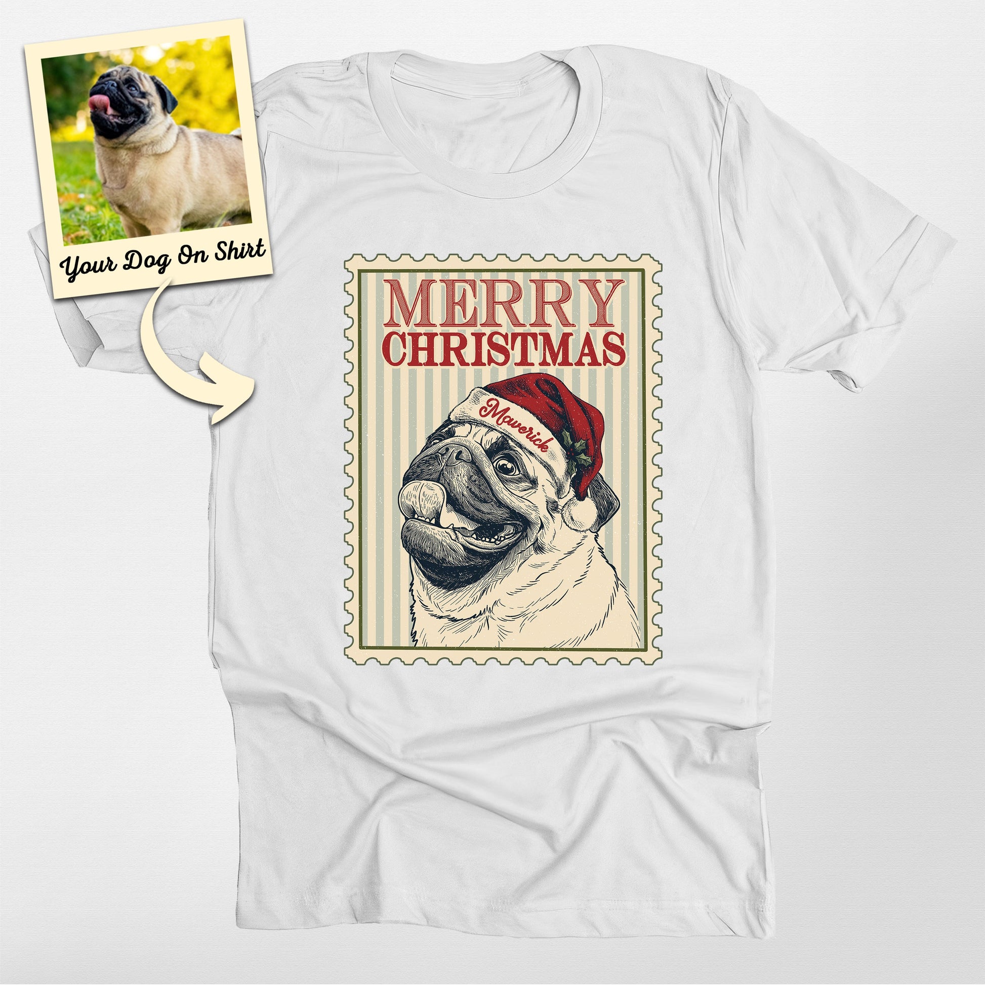 Personalized Merry Christmas Pug Dog Unisex T-Shirt, custom pet portrait gift for pet lovers (view 5)