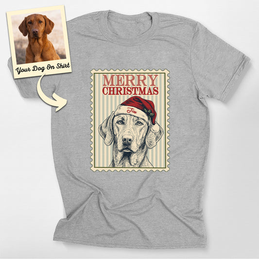 Personalized Merry Xmas Stamp Dogface T-Shirt, custom pet portrait gift for pet lovers