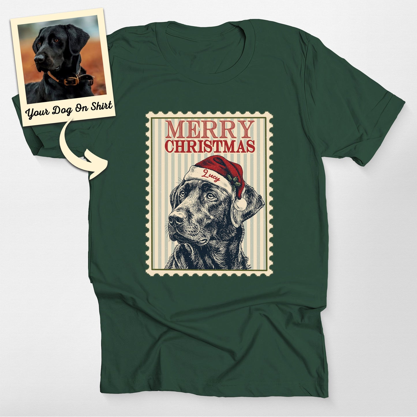 Personalized Merry Xmas Stamp Dogface T-Shirt, custom pet portrait gift for pet lovers (view 3)