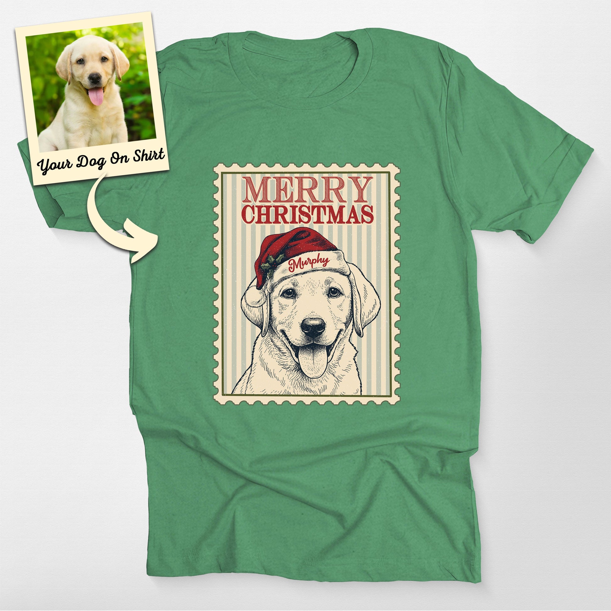 Personalized Merry Xmas Stamp Dogface T-Shirt, custom pet portrait gift for pet lovers (view 4)