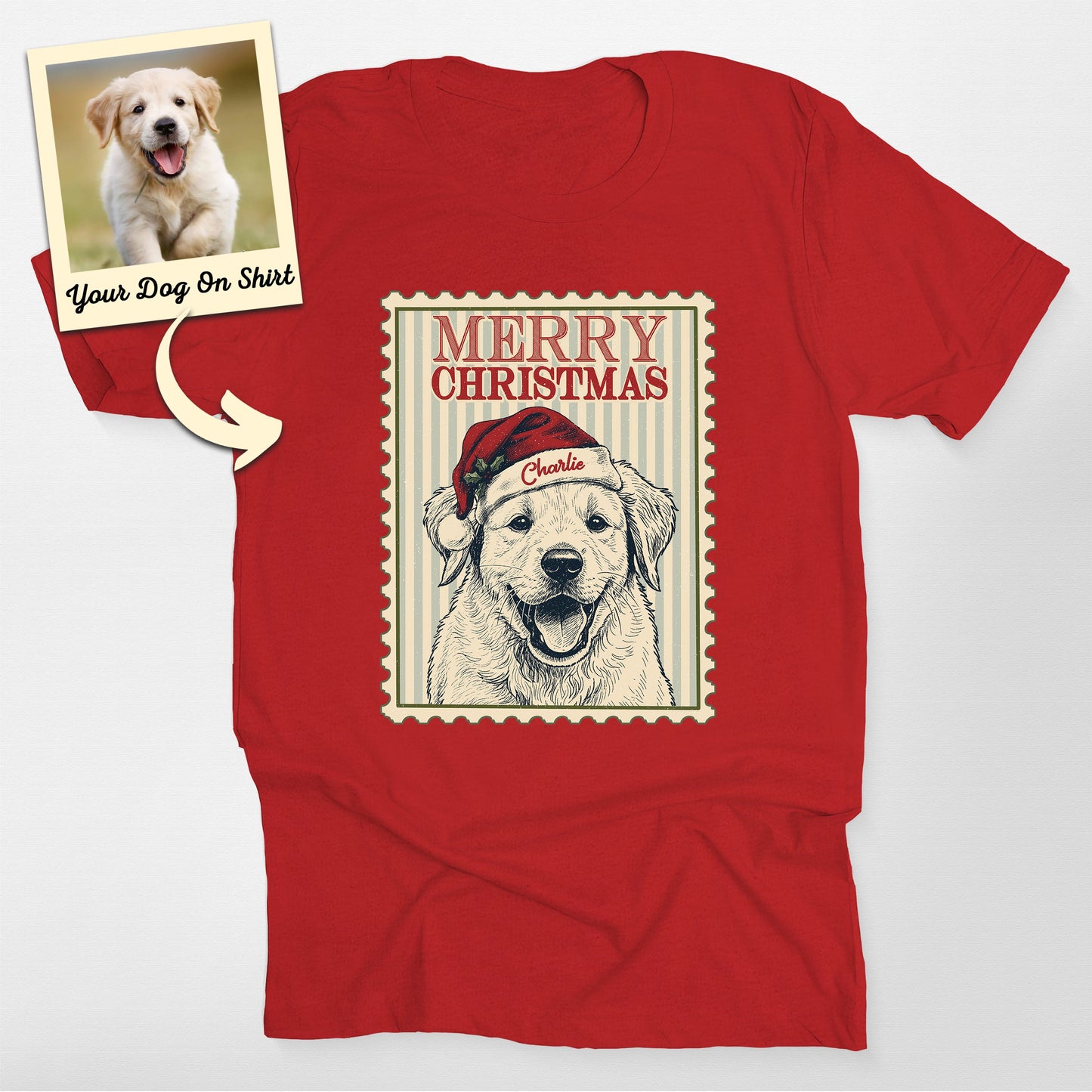 Personalized Merry Xmas Stamp Dogface T-Shirt, custom pet portrait gift for pet lovers (view 6)