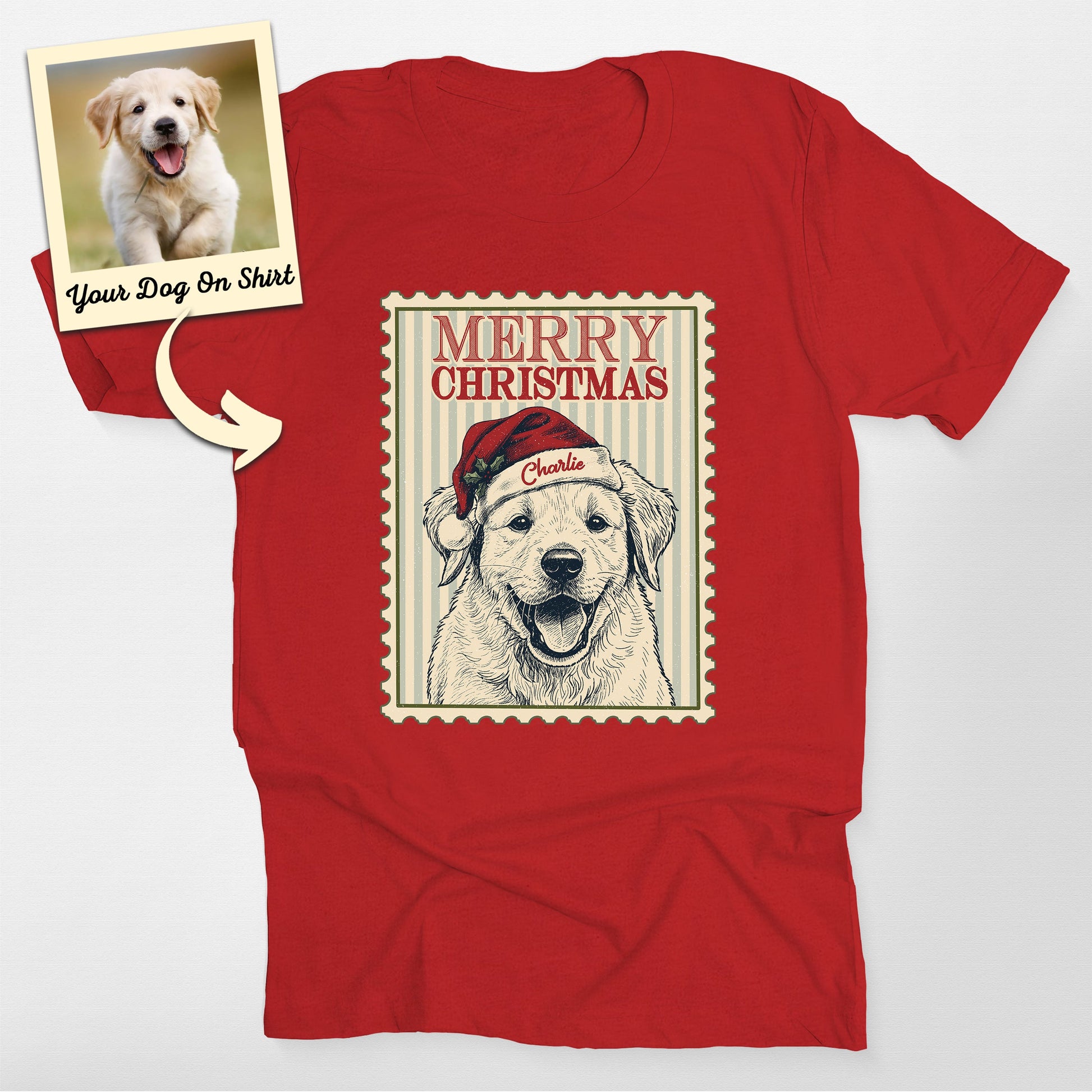 Personalized Merry Xmas Stamp Dogface T-Shirt, custom pet portrait gift for pet lovers (view 6)