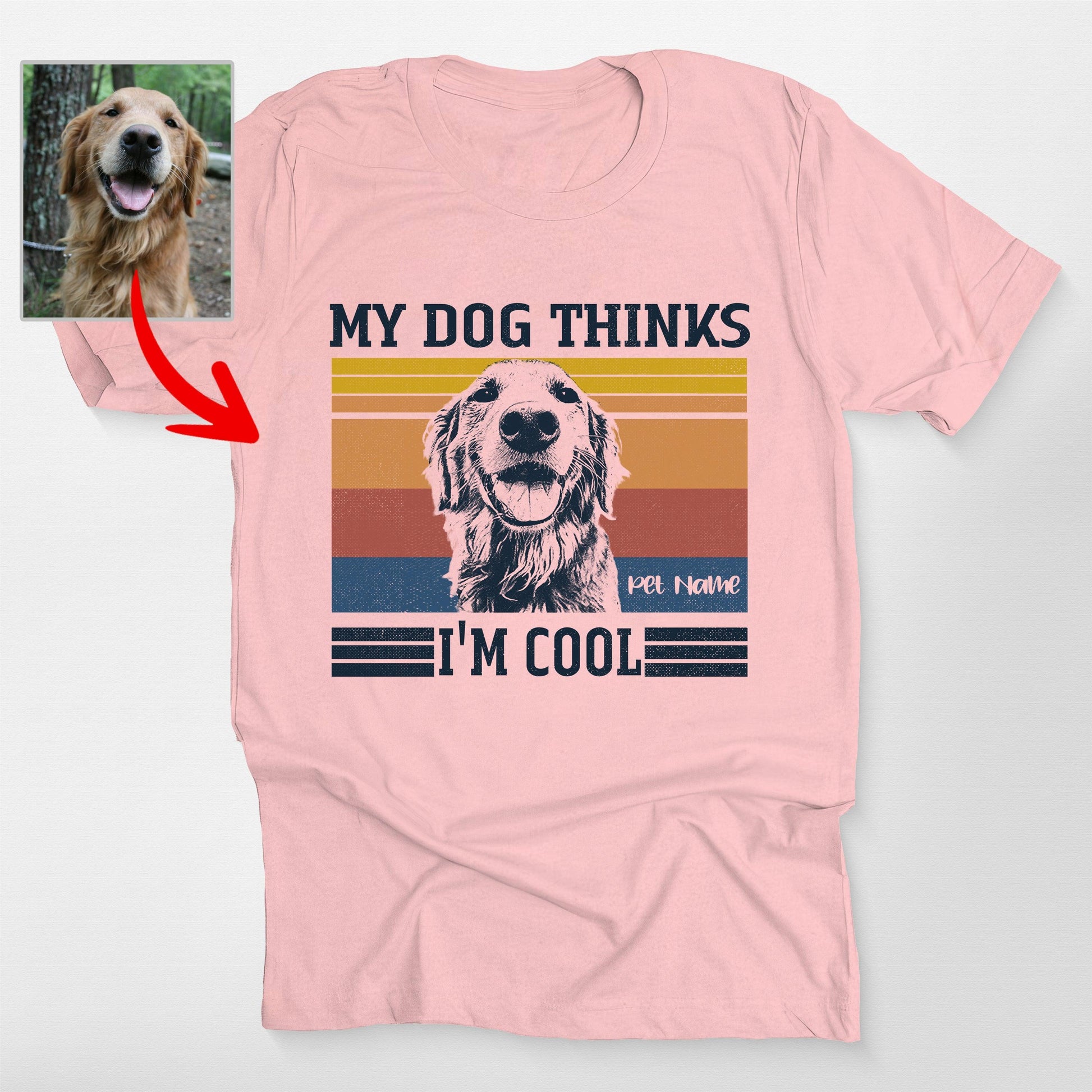 Personalized my Dog Thinks I'm Cool T-Shirt for Hu, custom pet portrait gift for pet lovers (view 4)