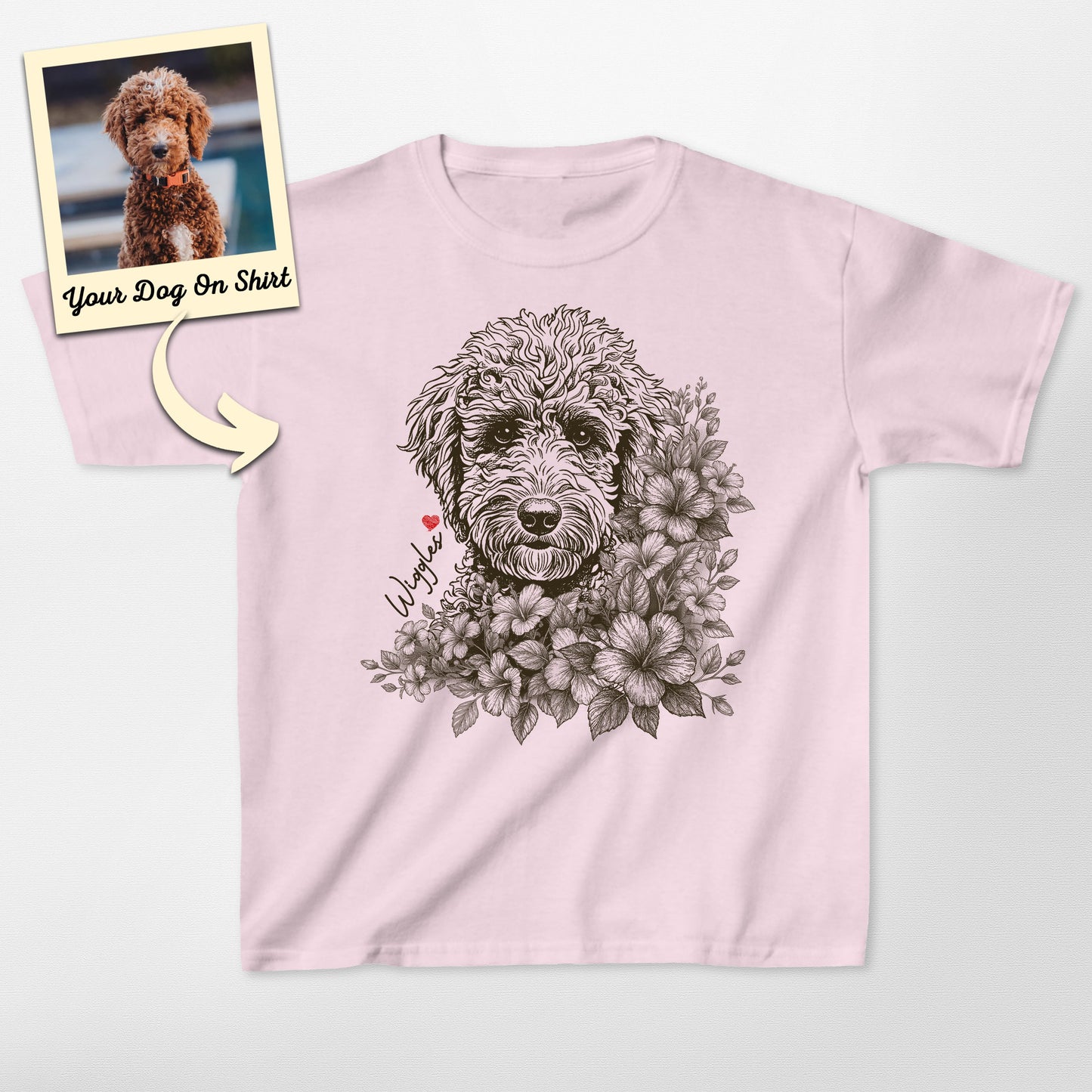 Personalized Poodle Kid Shirt Floral Portrait Gild (view 2)