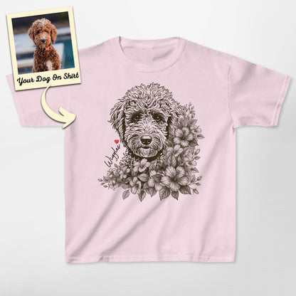 Personalized Poodle Kid Shirt Floral Portrait Gild (view 2)