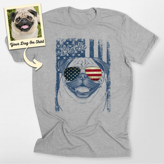 Personalized Pug Dog 4th of July America Flag Unis, custom pet portrait gift for pet lovers