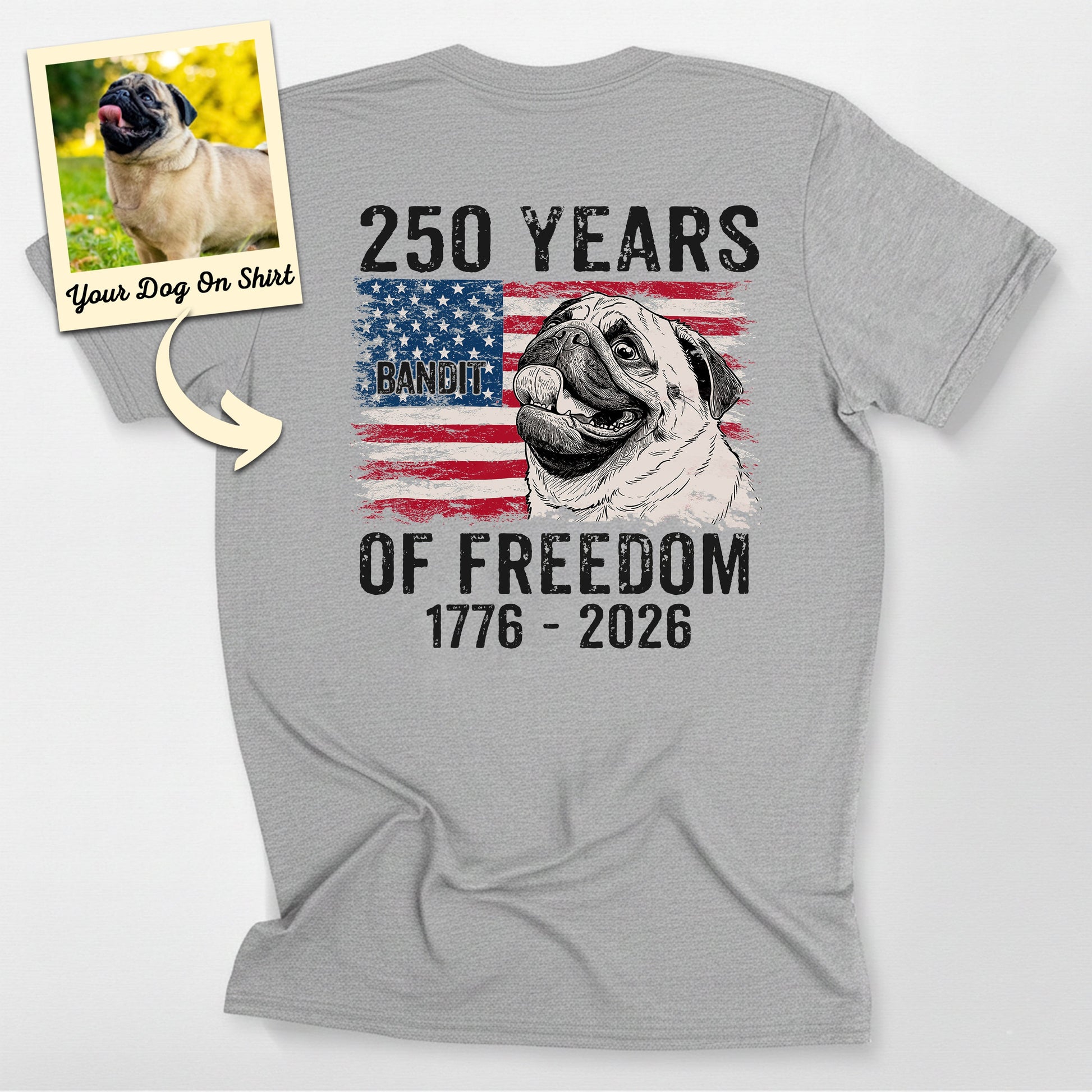 Personalized Pug Dog America 250 Years of Freedom, custom pet portrait gift for pet lovers
