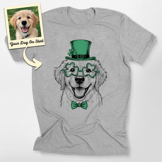Personalized St. Patrick's Day Golden Dogface T-Shirt, custom pet portrait gift for pet lovers