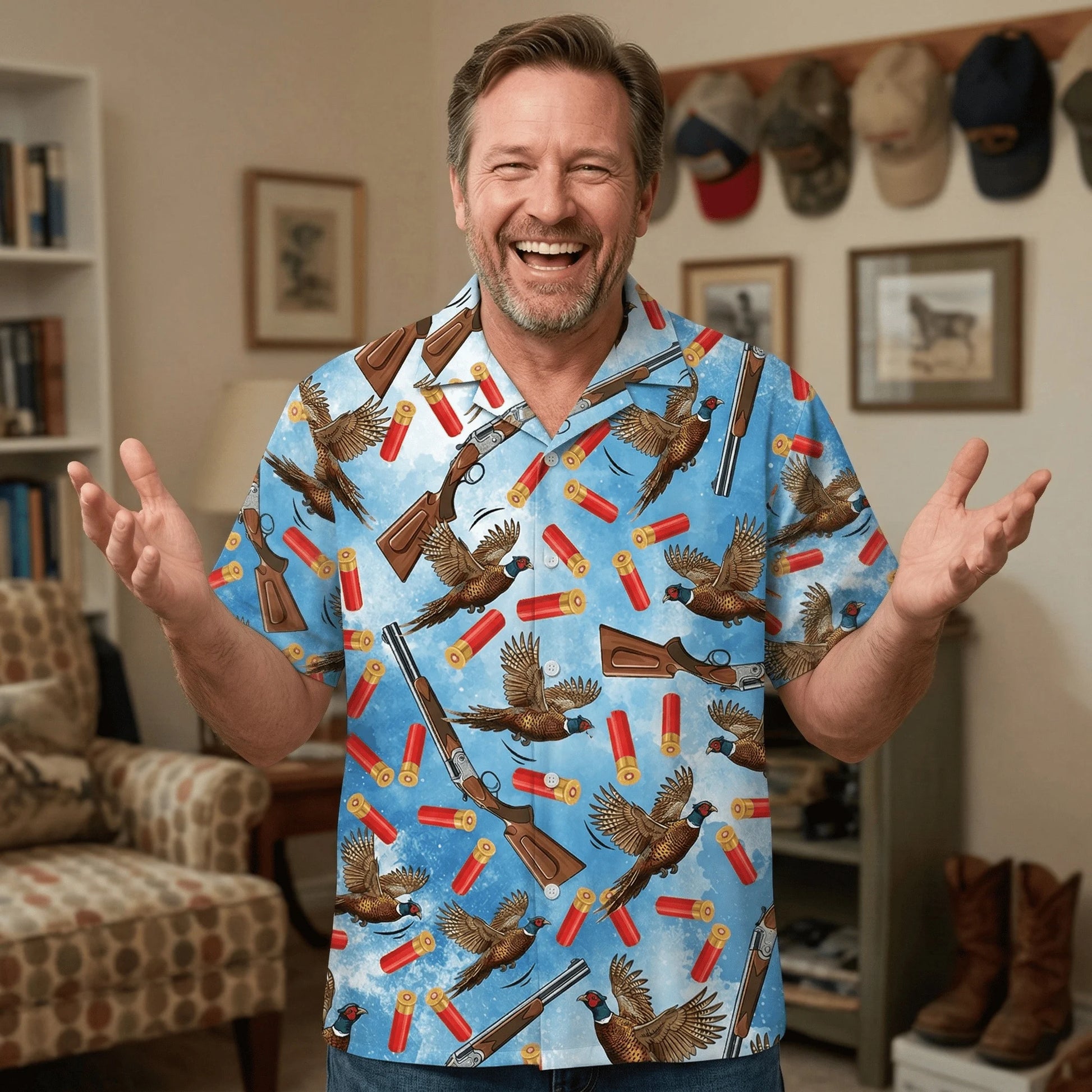 Pheasant Hunting Blue Hawaiian Shirt, custom shirt gift for men (view 5)
