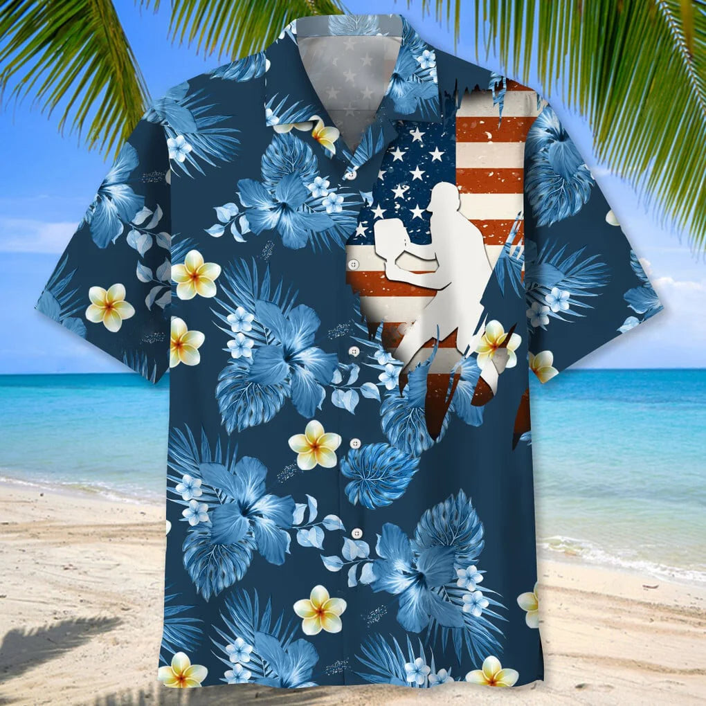 Pickleball Usa Blue Tropical Hawaiian Shirt, patriotic gift for 4th of July