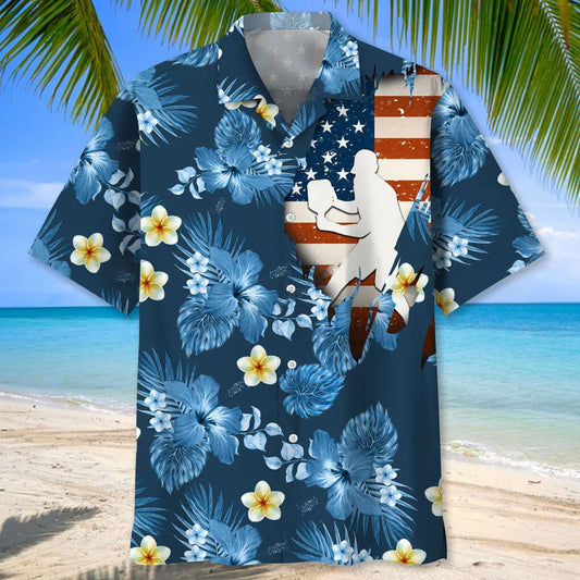 Pickleball Usa Blue Tropical Hawaiian Shirt, patriotic gift for 4th of July