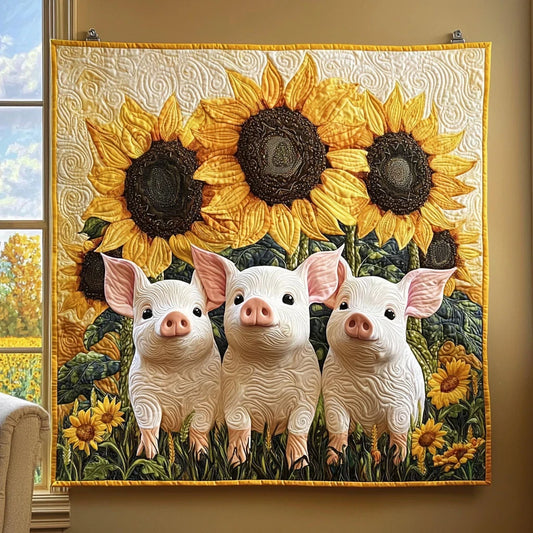 Pigs In Sunflower Garden Quilt Blanket