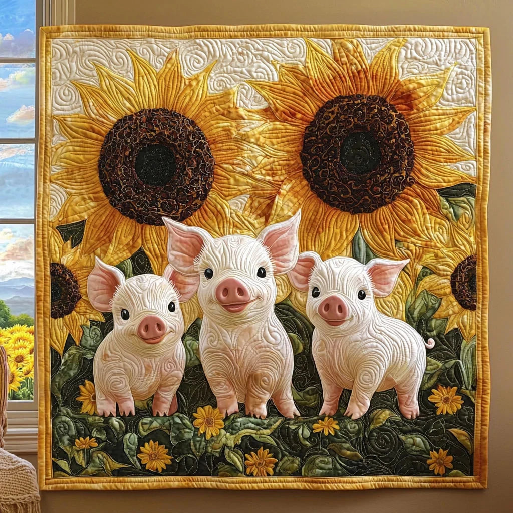 Pigs In Sunflower Garden Quilt Blanket