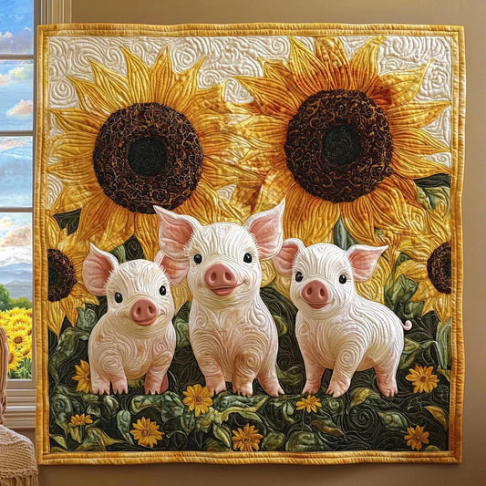 Pigs In Sunflower Garden Quilt Blanket