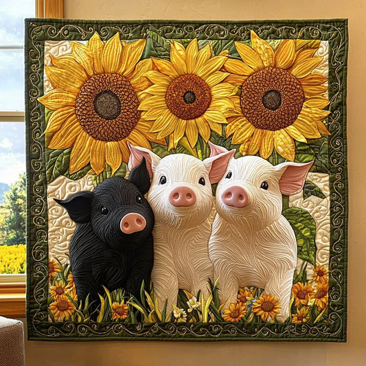 Pigs In Sunflower Garden Quilt Blanket