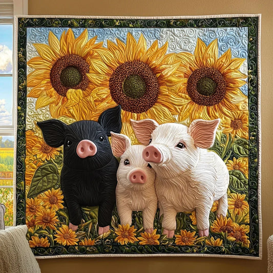 Pigs In Sunflower Garden Quilt Blanket