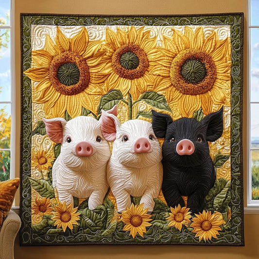 Pigs In Sunflower Garden Quilt Blanket