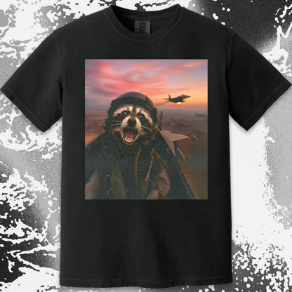 Raccoon Fighter Pilot Tee – Adrenaline at Dusk, funny meme tee gift (view 13)