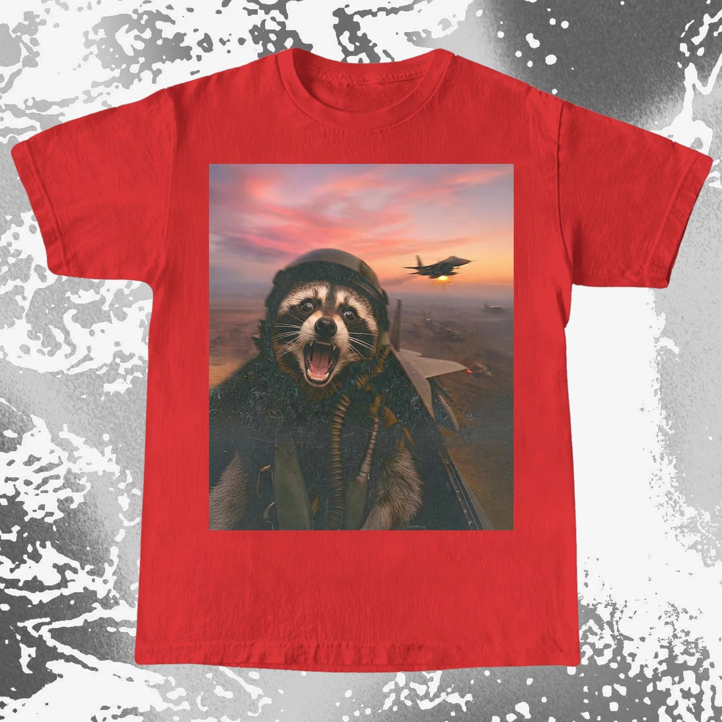 Raccoon Fighter Pilot Tee – Adrenaline at Dusk, funny meme tee gift (view 9)