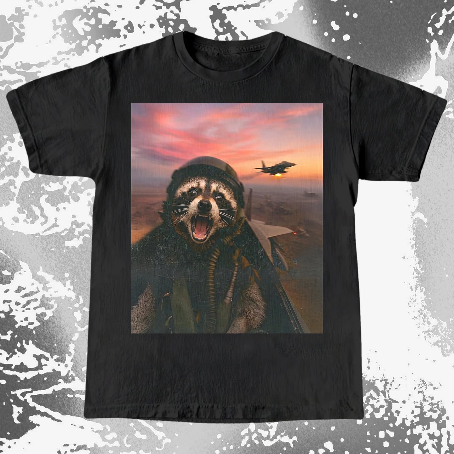 Raccoon Fighter Pilot Tee – Adrenaline at Dusk, funny meme tee gift (view 8)