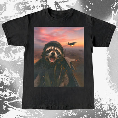 Raccoon Fighter Pilot Tee – Adrenaline at Dusk, funny meme tee gift (view 8)