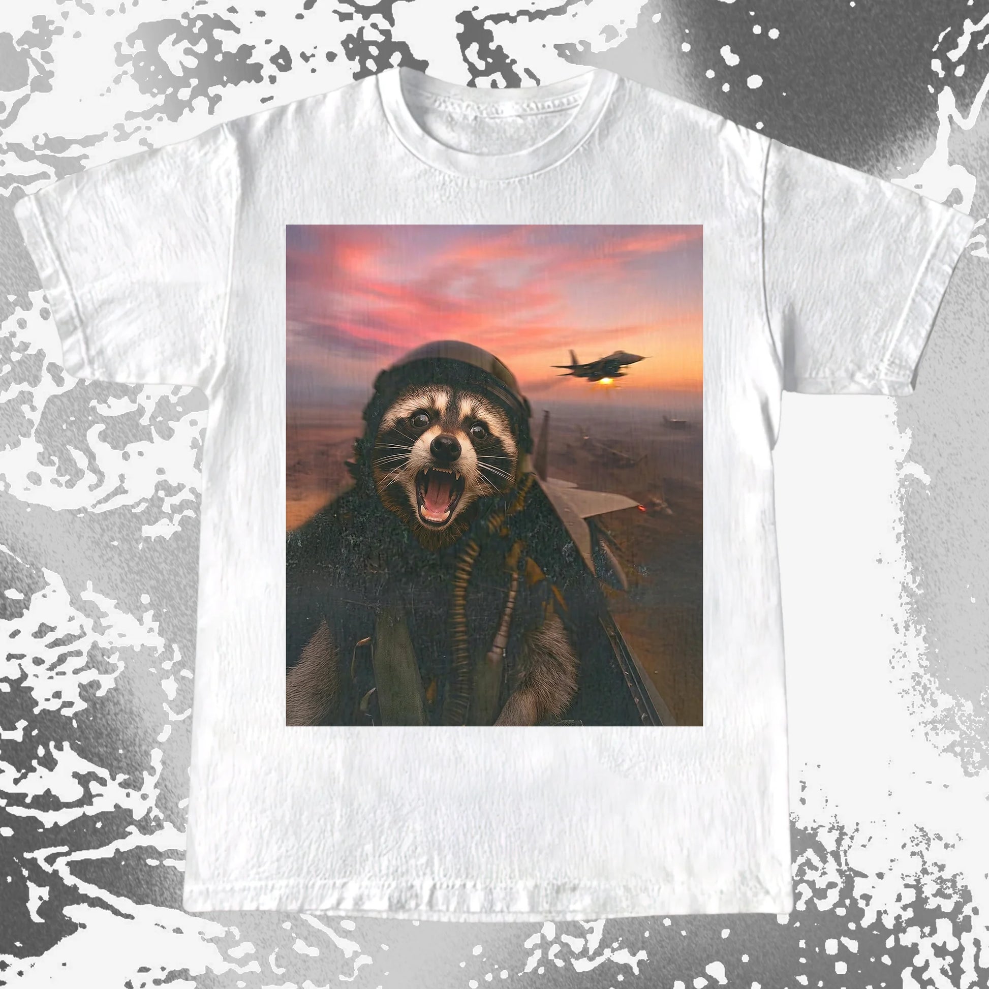 Raccoon Fighter Pilot Tee – Adrenaline at Dusk, funny meme tee gift (view 11)