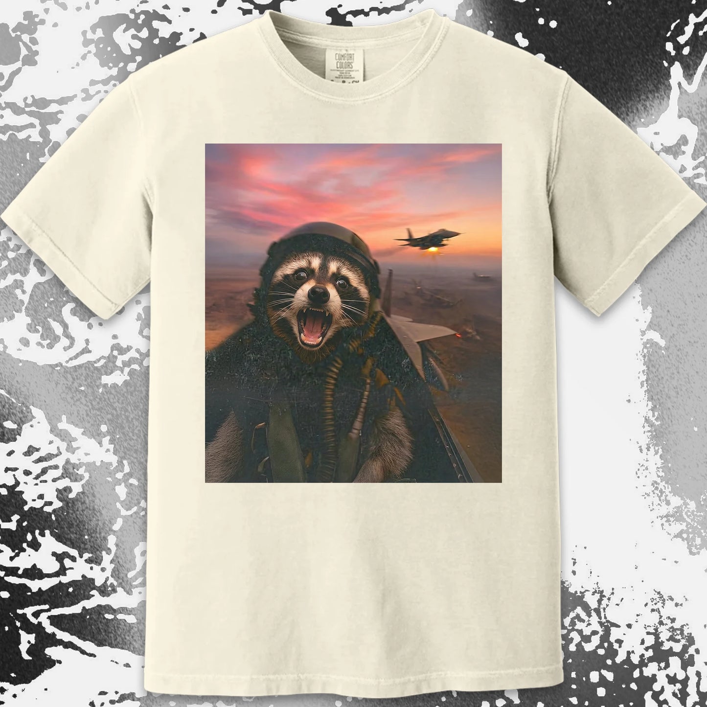 Raccoon Fighter Pilot Tee – Adrenaline at Dusk, funny meme tee gift (view 15)