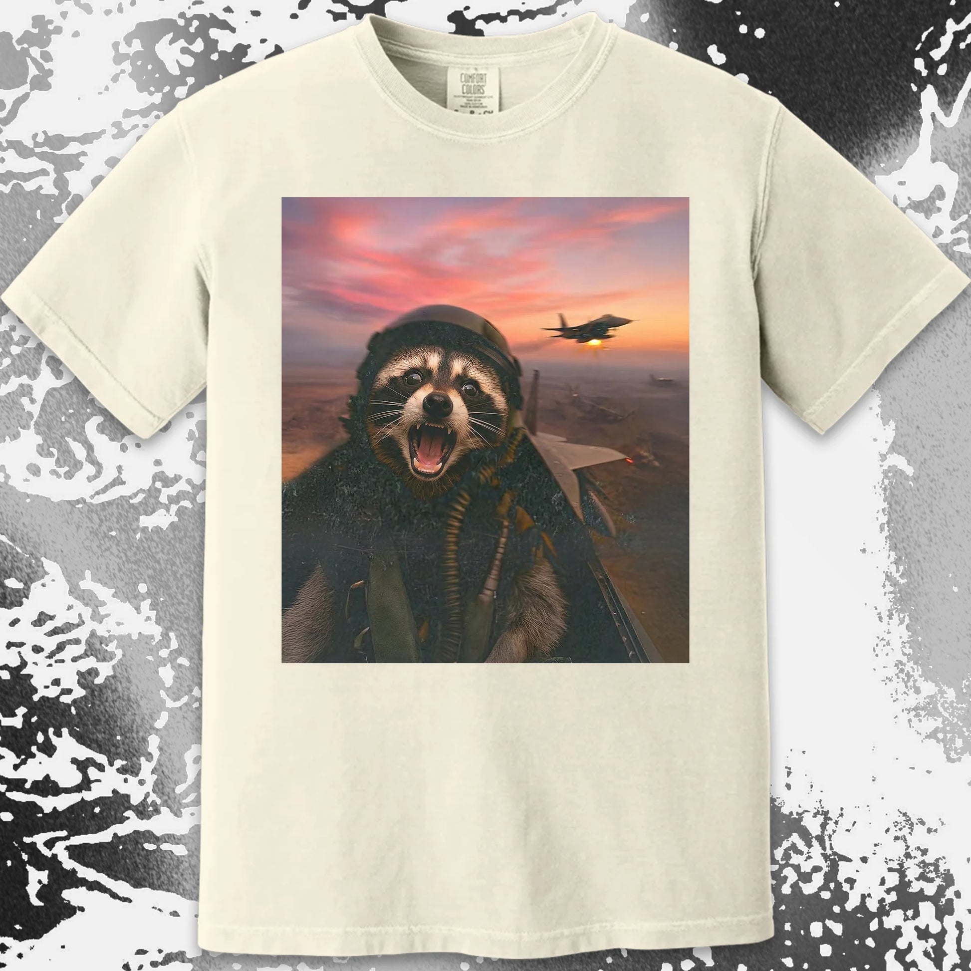 Raccoon Fighter Pilot Tee – Adrenaline at Dusk, funny meme tee gift (view 15)
