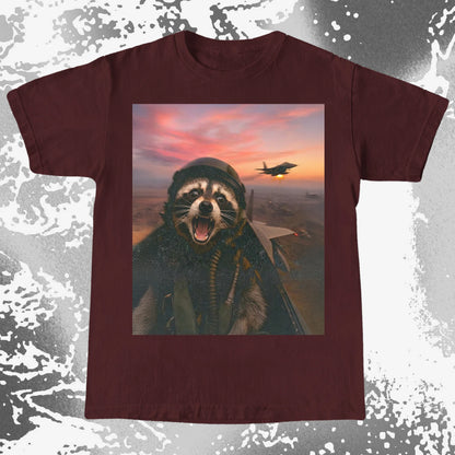 Raccoon Fighter Pilot Tee – Adrenaline at Dusk, funny meme tee gift (view 4)