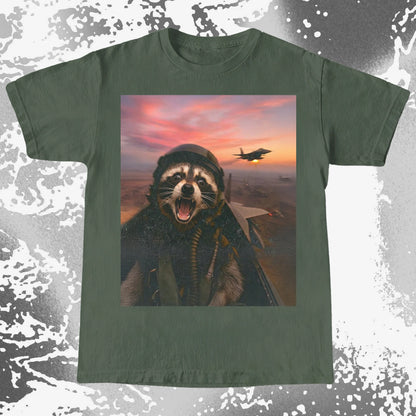 Raccoon Fighter Pilot Tee – Adrenaline at Dusk, funny meme tee gift (view 5)