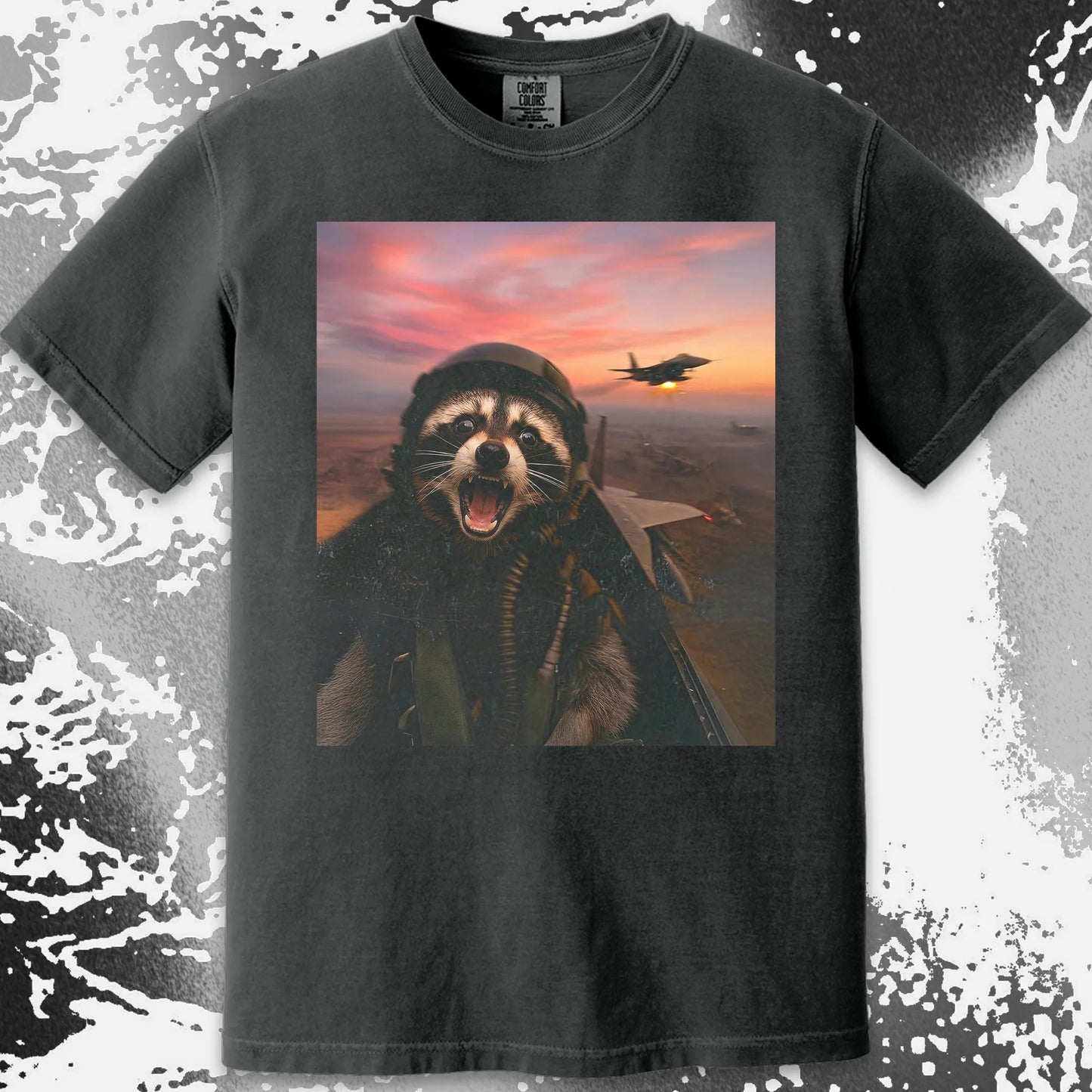 Raccoon Fighter Pilot Tee – Adrenaline at Dusk, funny meme tee gift (view 17)