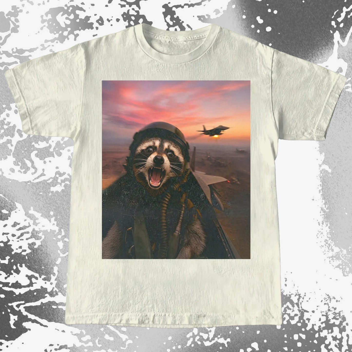 Raccoon Fighter Pilot Tee – Adrenaline at Dusk, funny meme tee gift (view 7)