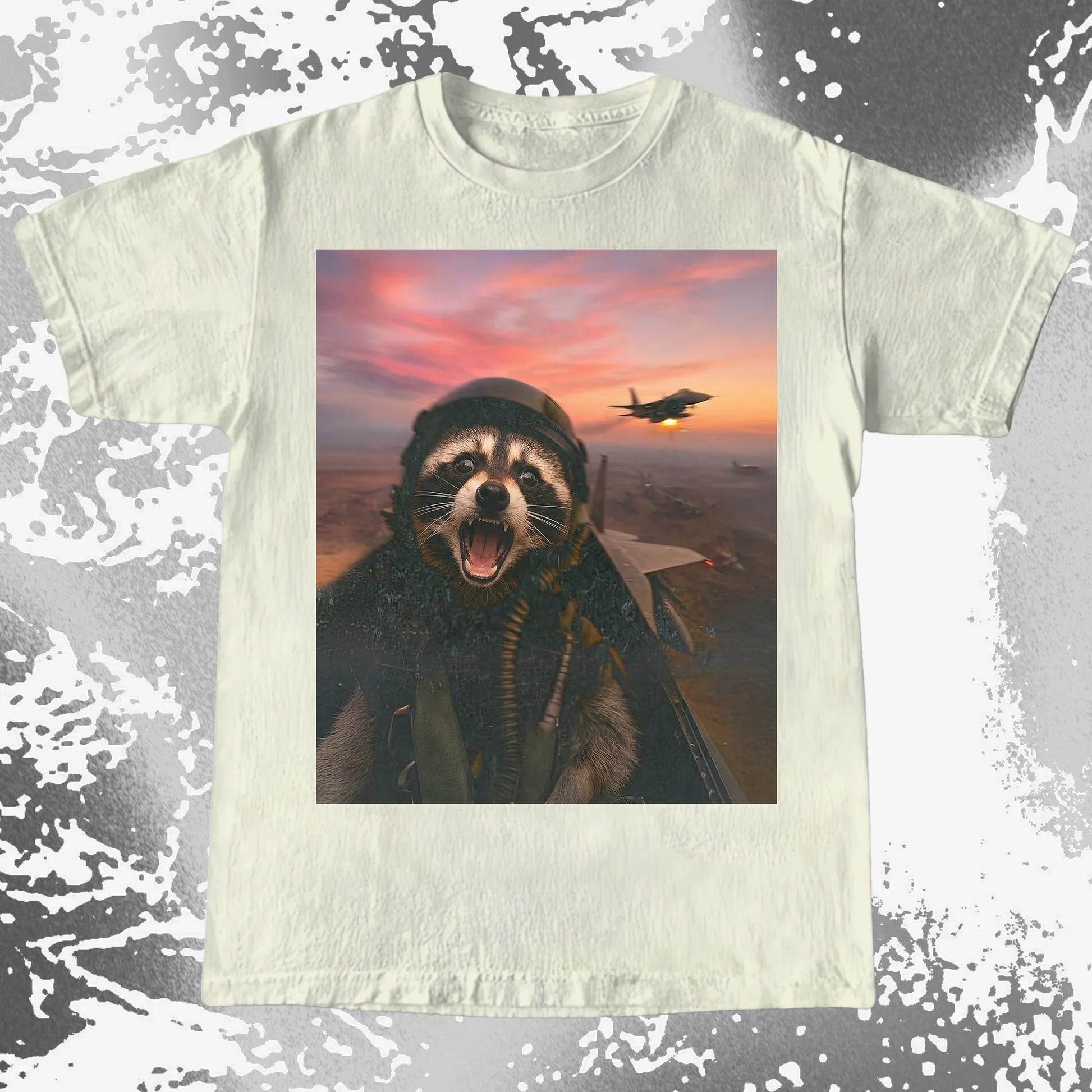 Raccoon Fighter Pilot Tee – Adrenaline at Dusk, funny meme tee gift (view 7)