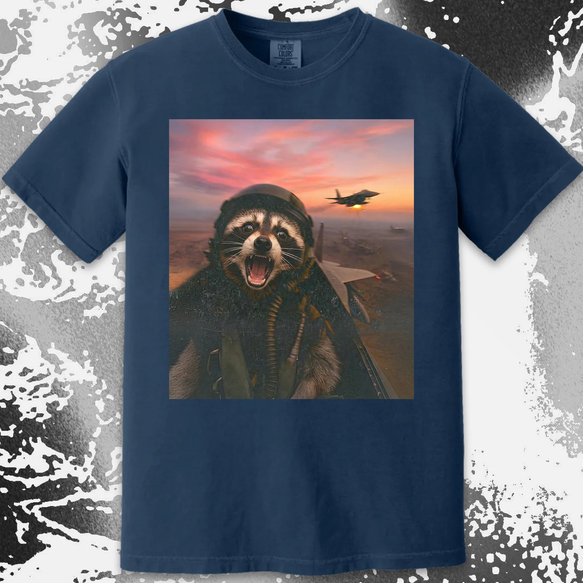 Raccoon Fighter Pilot Tee – Adrenaline at Dusk, funny meme tee gift (view 18)