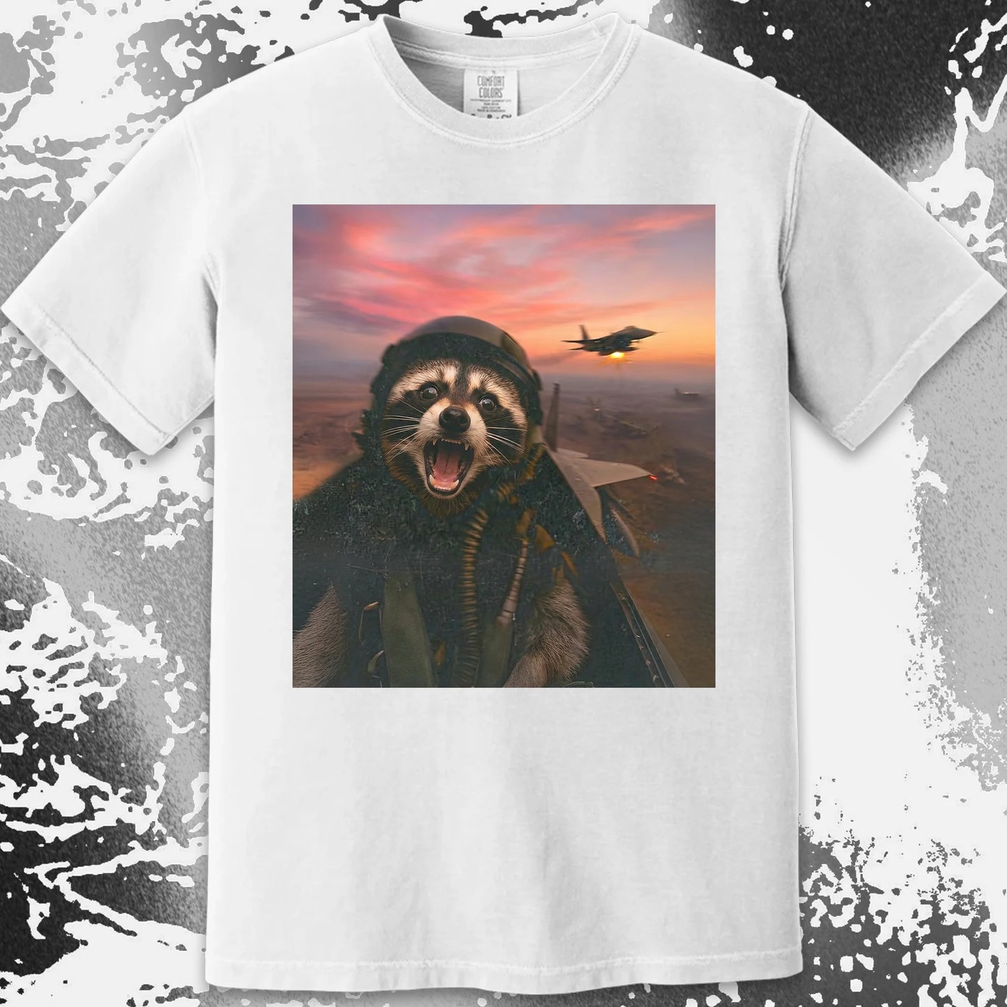 Raccoon Fighter Pilot Tee – Adrenaline at Dusk, funny meme tee gift (view 19)