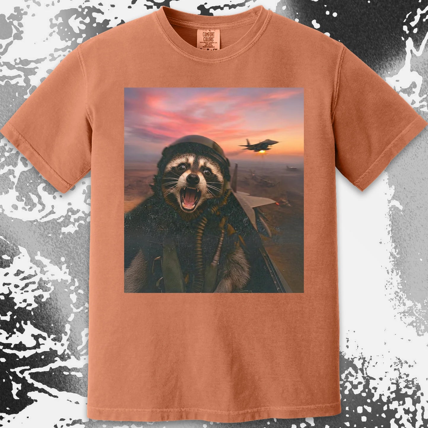 Raccoon Fighter Pilot Tee – Adrenaline at Dusk, funny meme tee gift (view 12)
