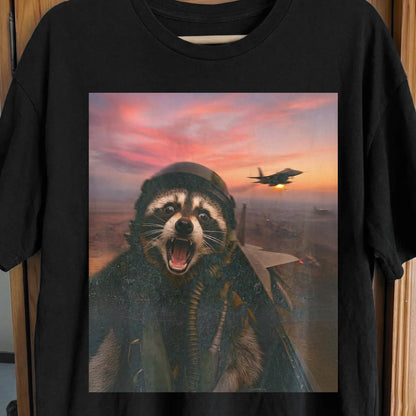 Raccoon Fighter Pilot Tee – Adrenaline at Dusk, funny meme tee gift