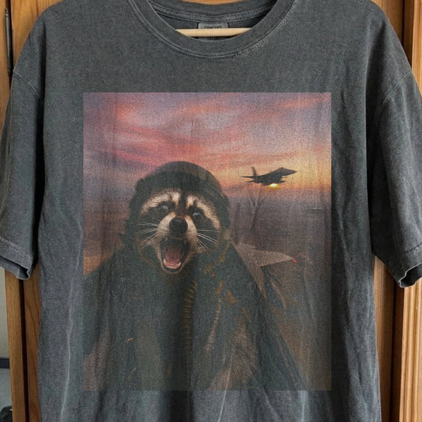 Raccoon Fighter Pilot Tee – Adrenaline at Dusk, funny meme tee gift (view 3)