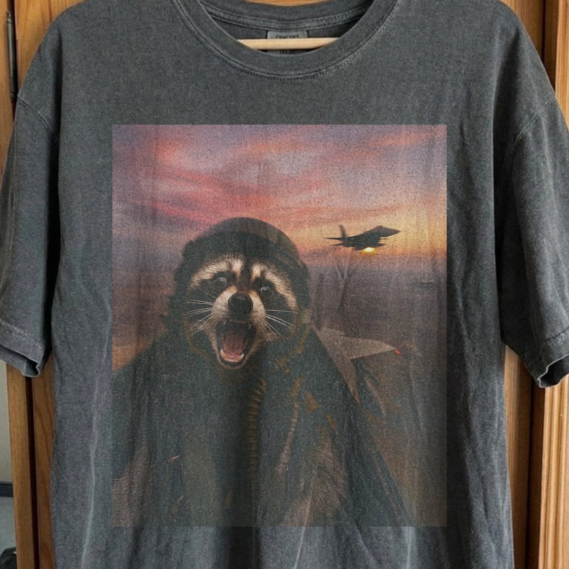 Raccoon Fighter Pilot Tee – Adrenaline at Dusk, funny meme tee gift (view 3)